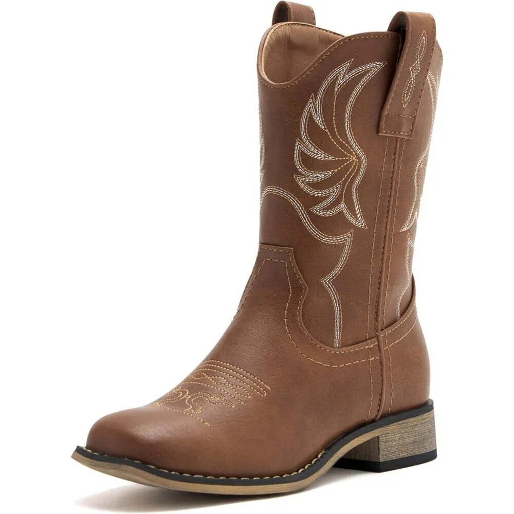 ⚡Girls Brown Embroidered Cowgirl Boots Western Square Toe Mid Calf Riding Shoes